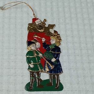 Vintage Tin/Metal Old World Santa & Children Playing Trumpets Christmas Ornament